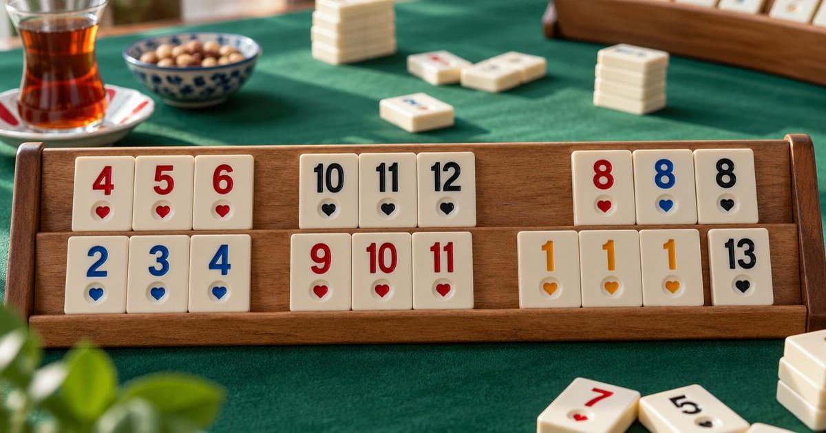 Yeşil masa üzerindeki ıstakada kırmızı 4, 5, 6 serisi ve farklı renklerde 8 taşları